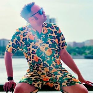 BooHoo Man Animal And Floral Print Short Sleeve Button Down Shirt In Large